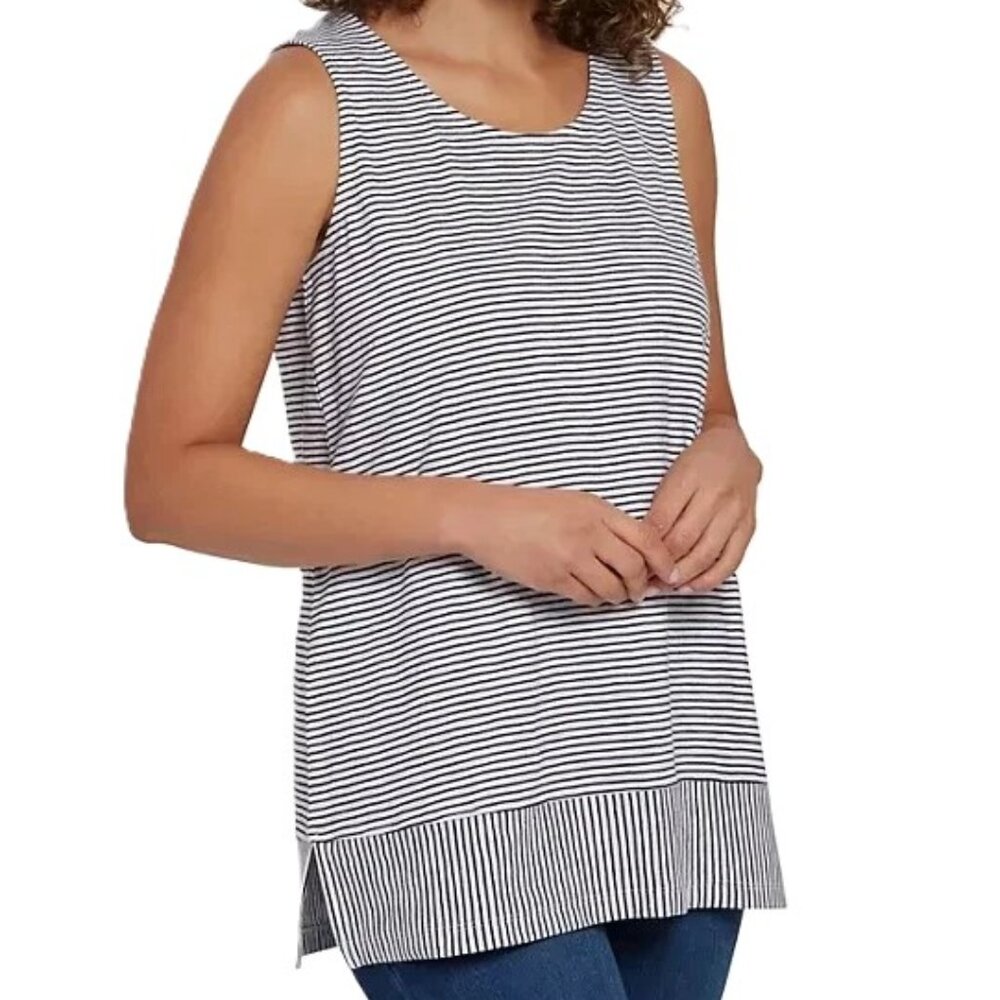 LANDS END Nautical Split Hem Tank Top‎ Black White Stripes Sleeveless Size Small